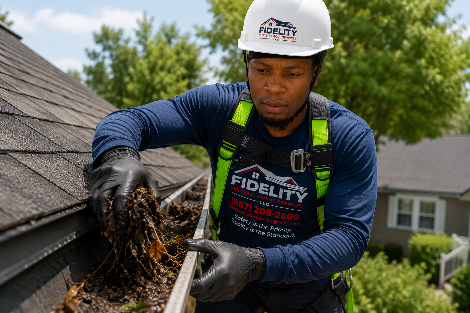 Fidelity crew hand-clearing debris from a gutter